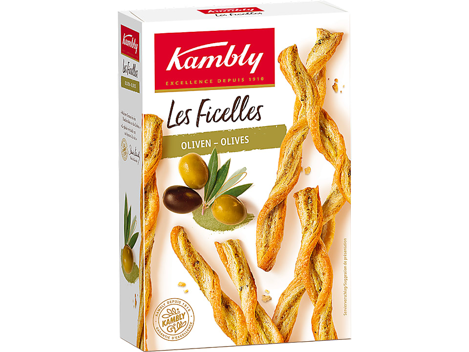 Kambly Les Ficelles · Gedrehte Ficelles - Blätterteiggebäck · Mit grünen und schwarzen Oliven