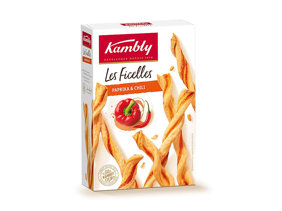 Kambly Les Ficelles · Gedrehte Ficelles - Blätterteiggebäck · Paprika und Chili