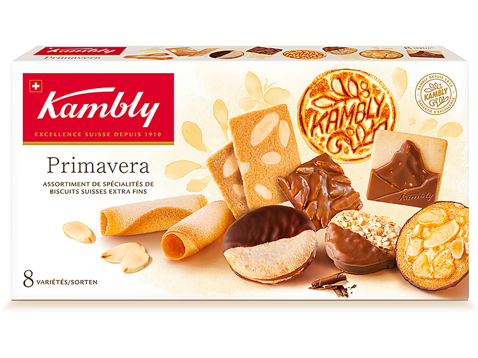 Kambly Primavera · Erlesene Mischung feinster schweizer Gebäckspezialitäten · extra fins