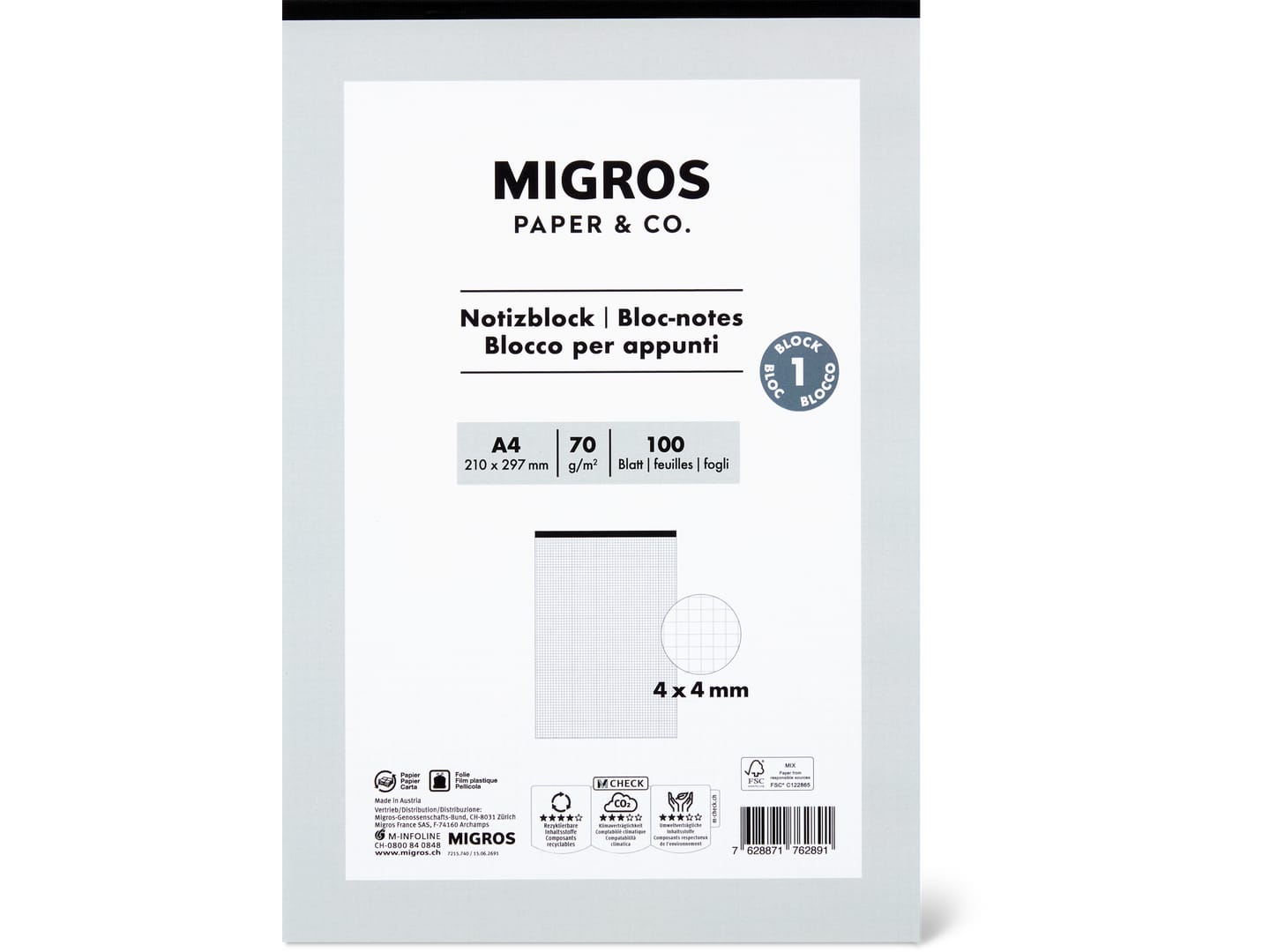 Migros Paper & Co. · Notizblock · A4, 4mm, 100 Blatt, 70g