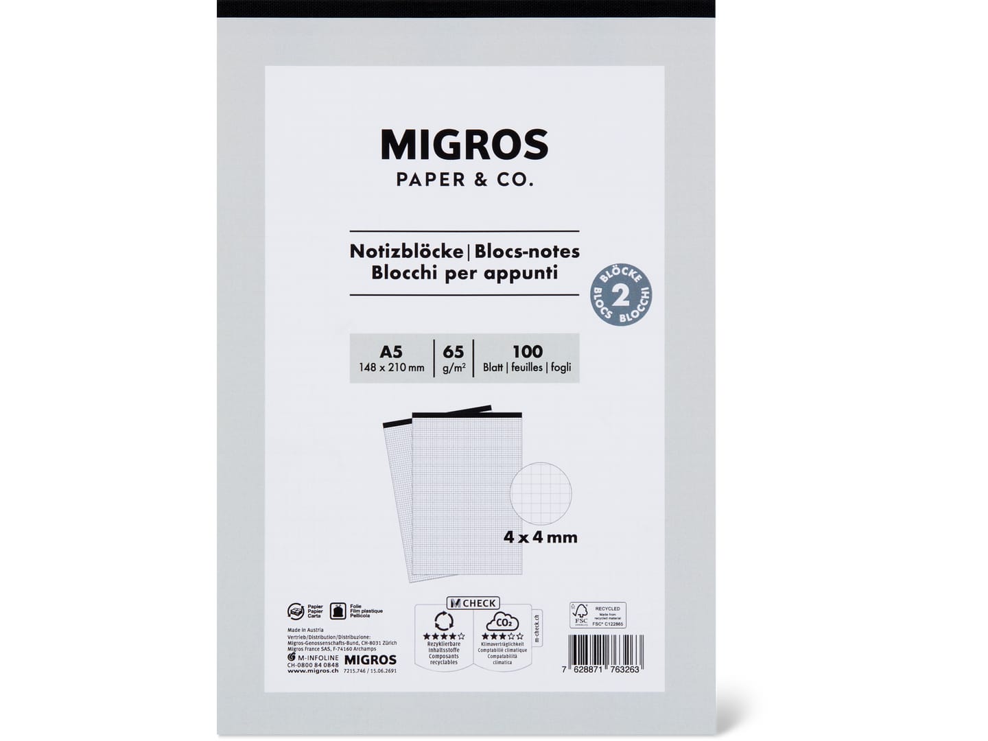 Migros Paper & Co. · Notizblock · A5, 4mm, 2x 100 Blatt