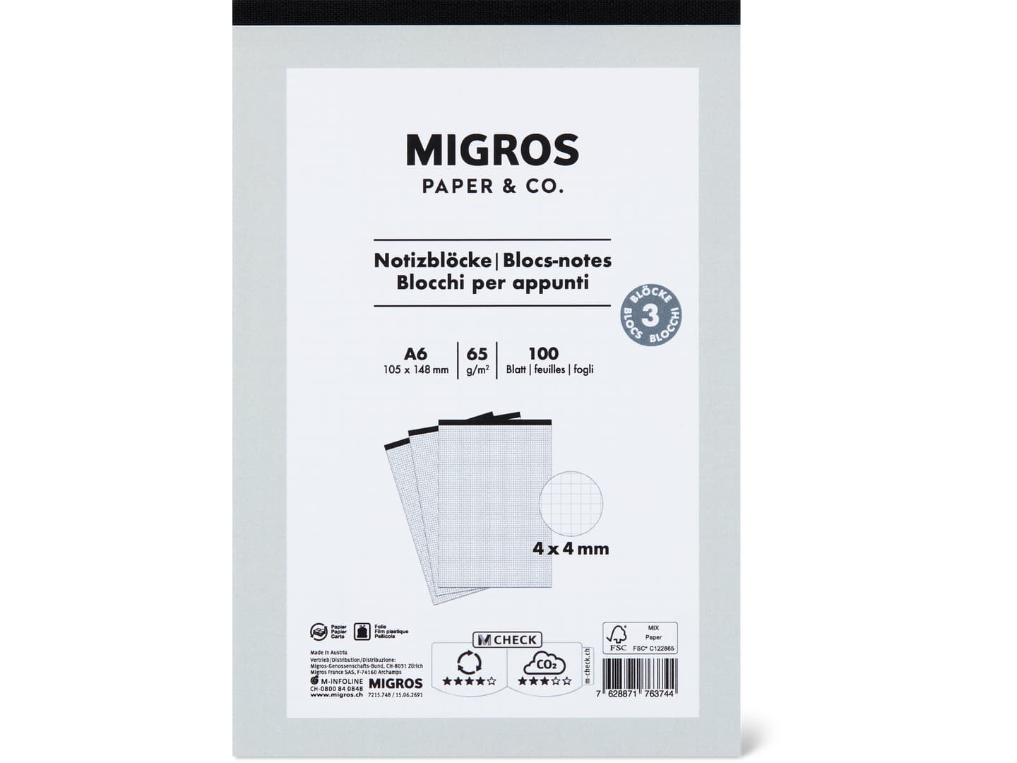 Migros Paper & Co. · Notizblock · A6, 4mm, 3x100 Blatt