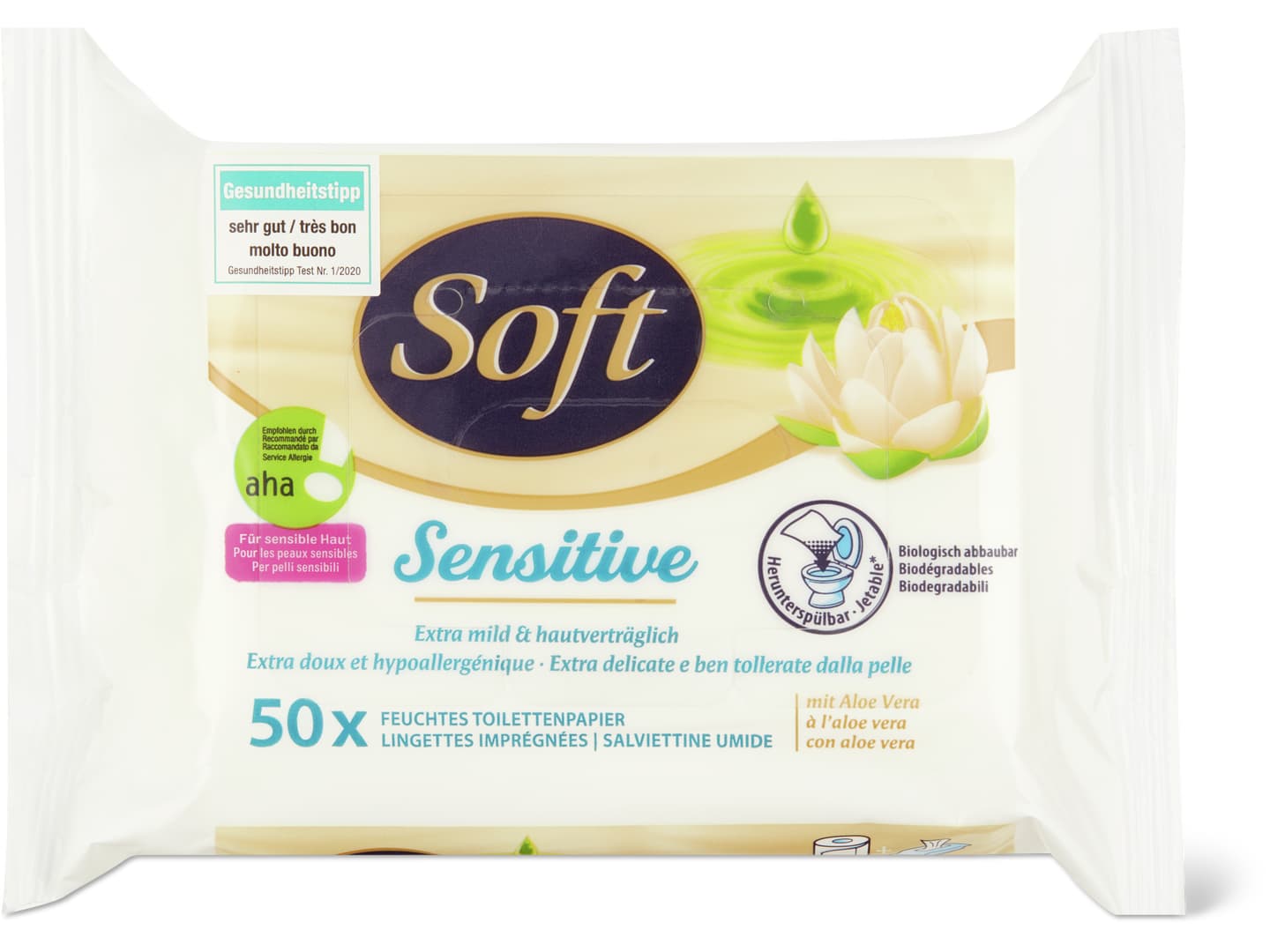 Soft · Feuchttücher Sensitive · aha!, mit Aloe Vera