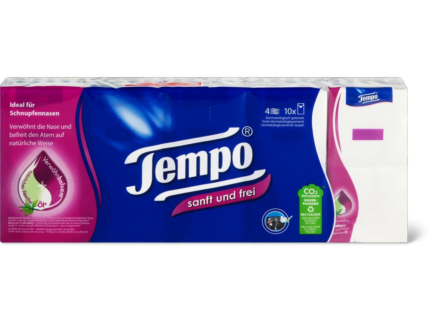 Tempo · Taschentücher Sanft & Frei · 4-lagig mit Öl & Balsam