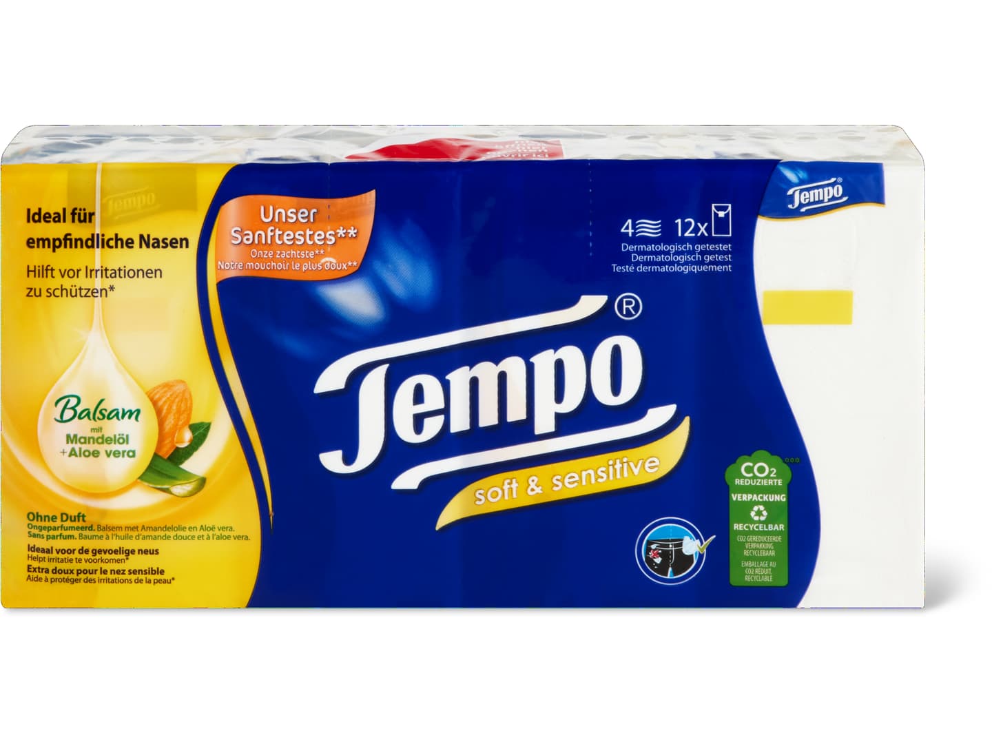 Tempo · Taschentücher Soft & Sensitive · 4-lagig, Balsam mit Mandelöl & Aloe Vera, ohne Duft