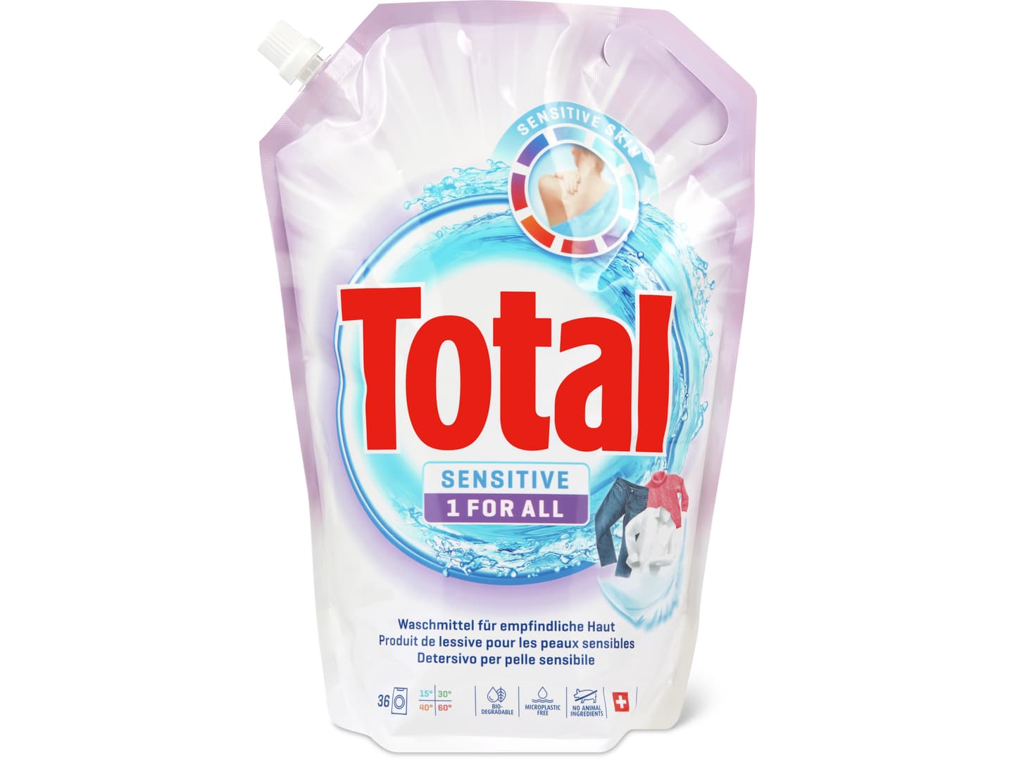 Total · Flüssigwaschmittel · 36 Waschgänge, Sensitive 1 for all